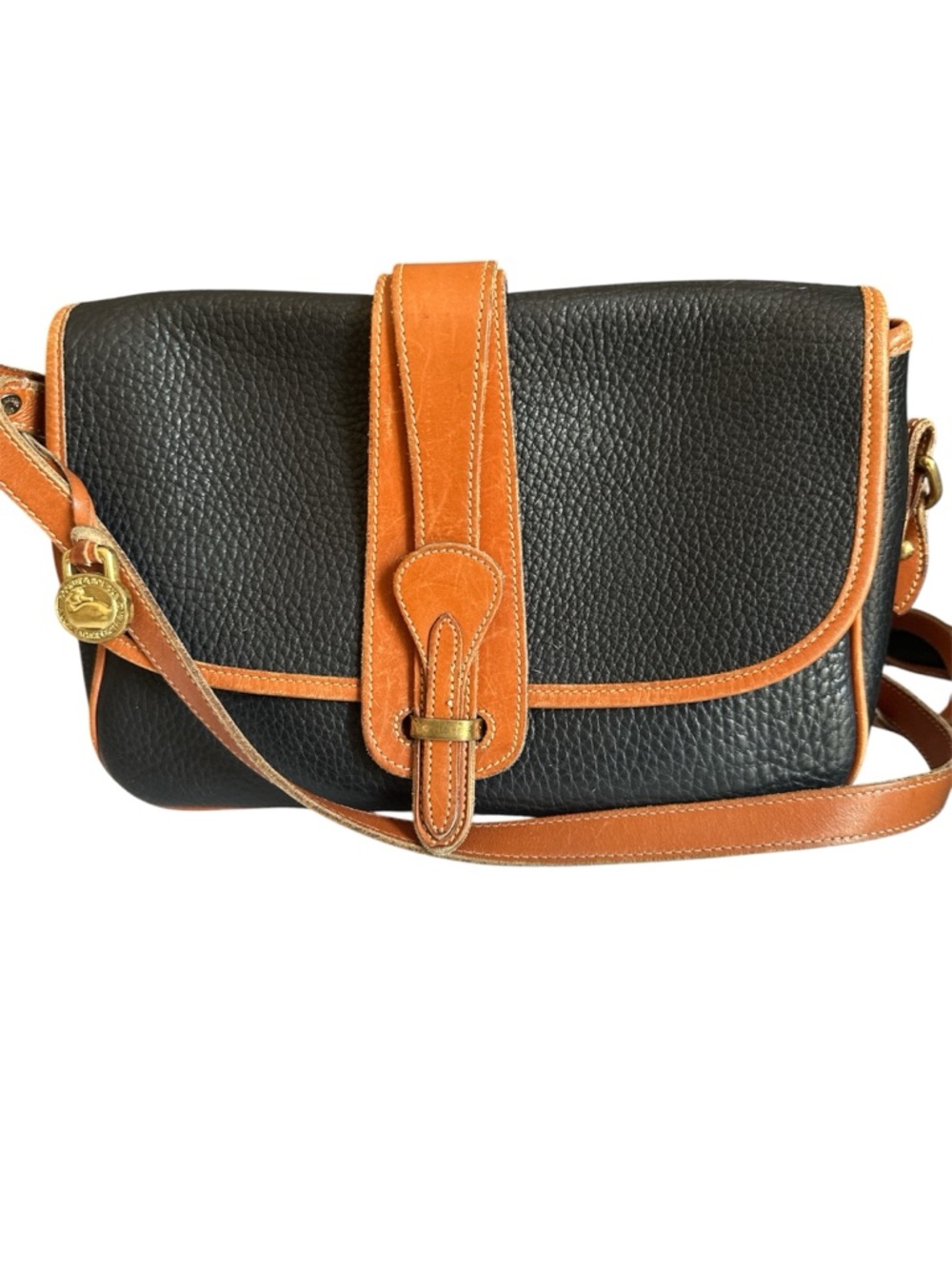 Vintage Dooney & Bourke Leather Cavalry Crossbody Bag – Black & Tan